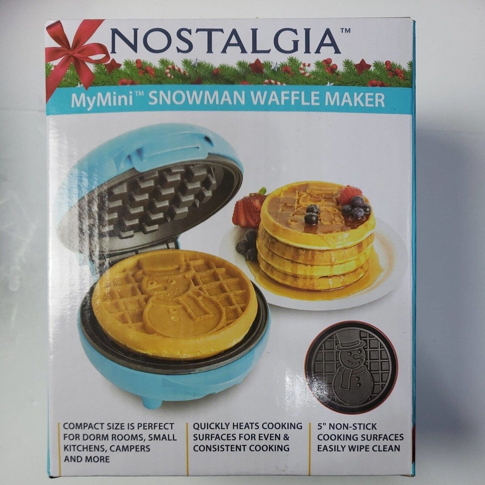Mini Snowman Waffle Maker, Blue Compact 5" Non Stick, Christmas